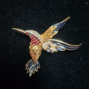 Sphinx  Hummingbird Brooch Gold Tone Rhinestone‎ Enamel Bird  Red Blue Green
